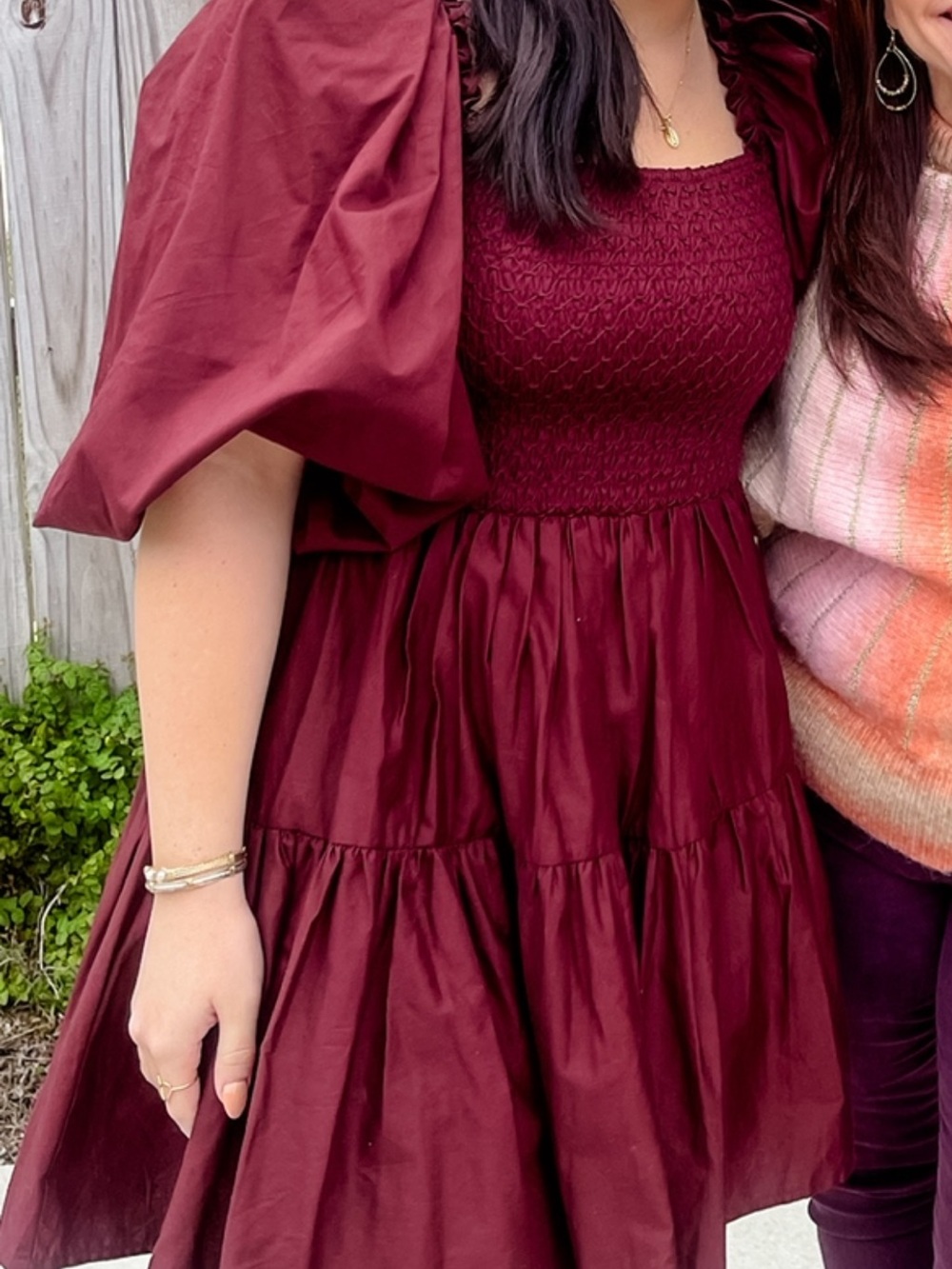 Sofie The Label Smocked Puff-Sleeve Mini Dress in Deep Burgundy